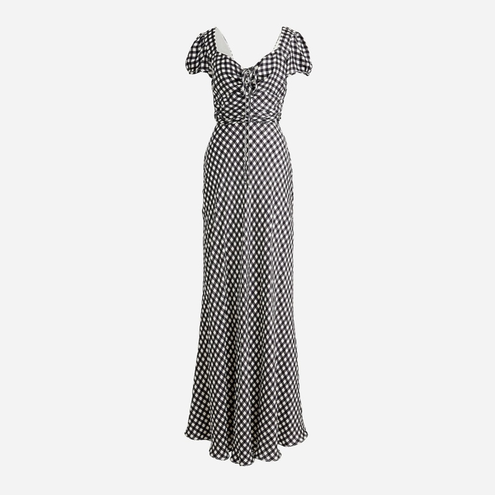 NWT J. Crew Collection Tie-Neck Cap-Sleeve Maxi Dress in‎ Gingham Print Size 12